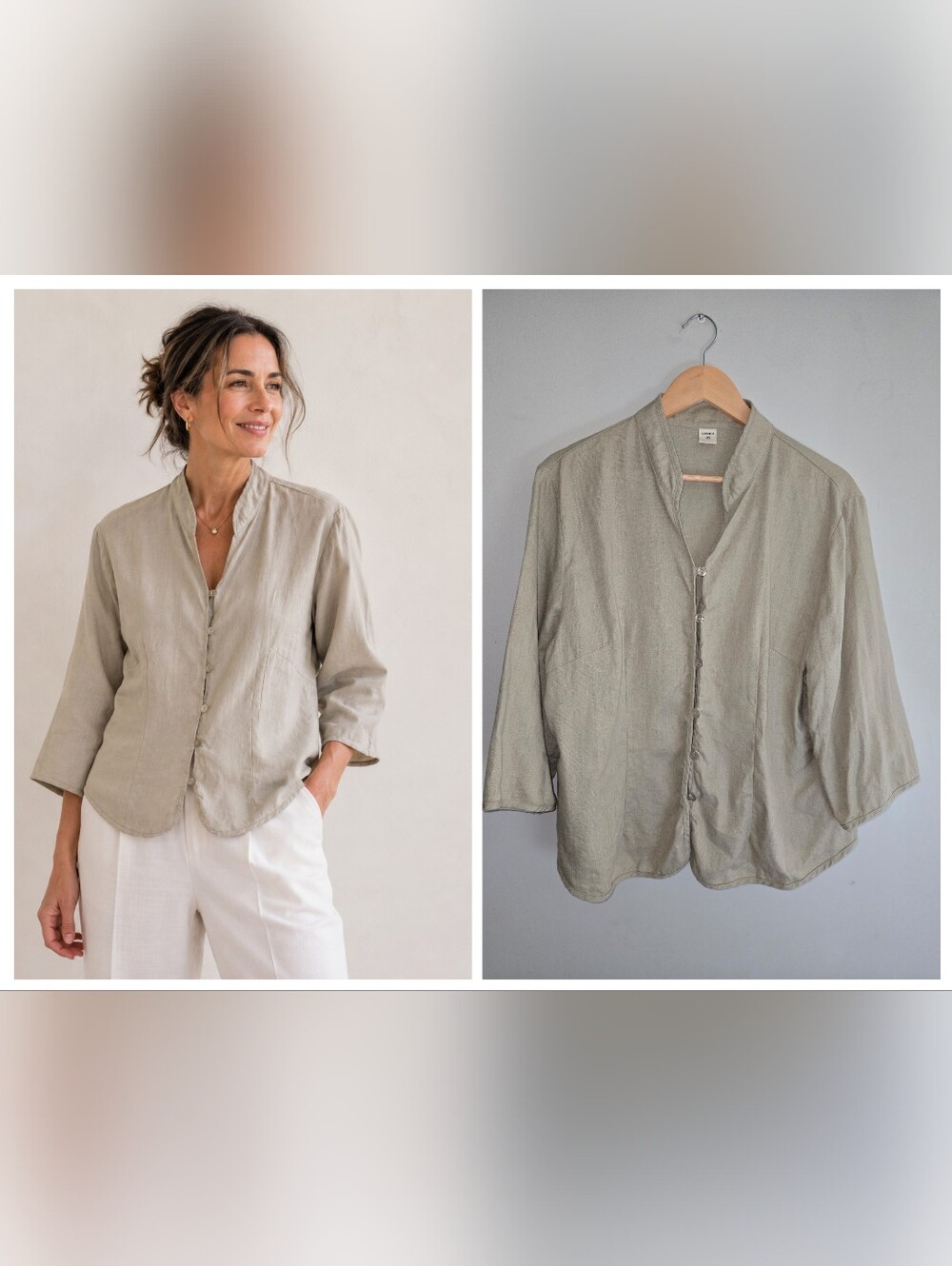 100% Linen Mandarin Collar Lintico Button Down Blouse XXL Coastal Resort Minimal